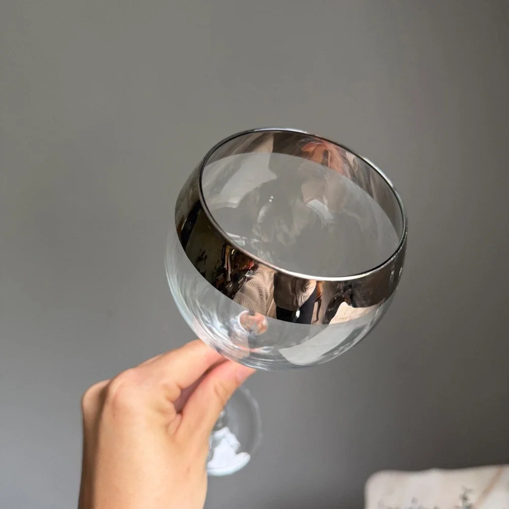 Vintage‎ Silver Rim Balloon Wine Glasses Set of 2 Large Clear Glass Goblets 9in